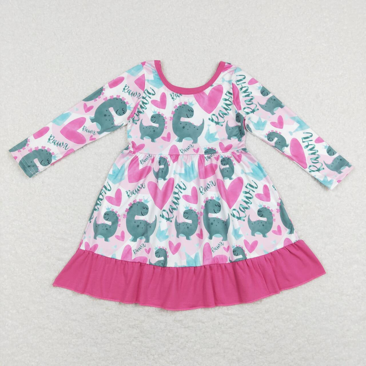 GLD0491 Valentine Love Blue Pink Dinosaur Girls Long Sleeve Dresses