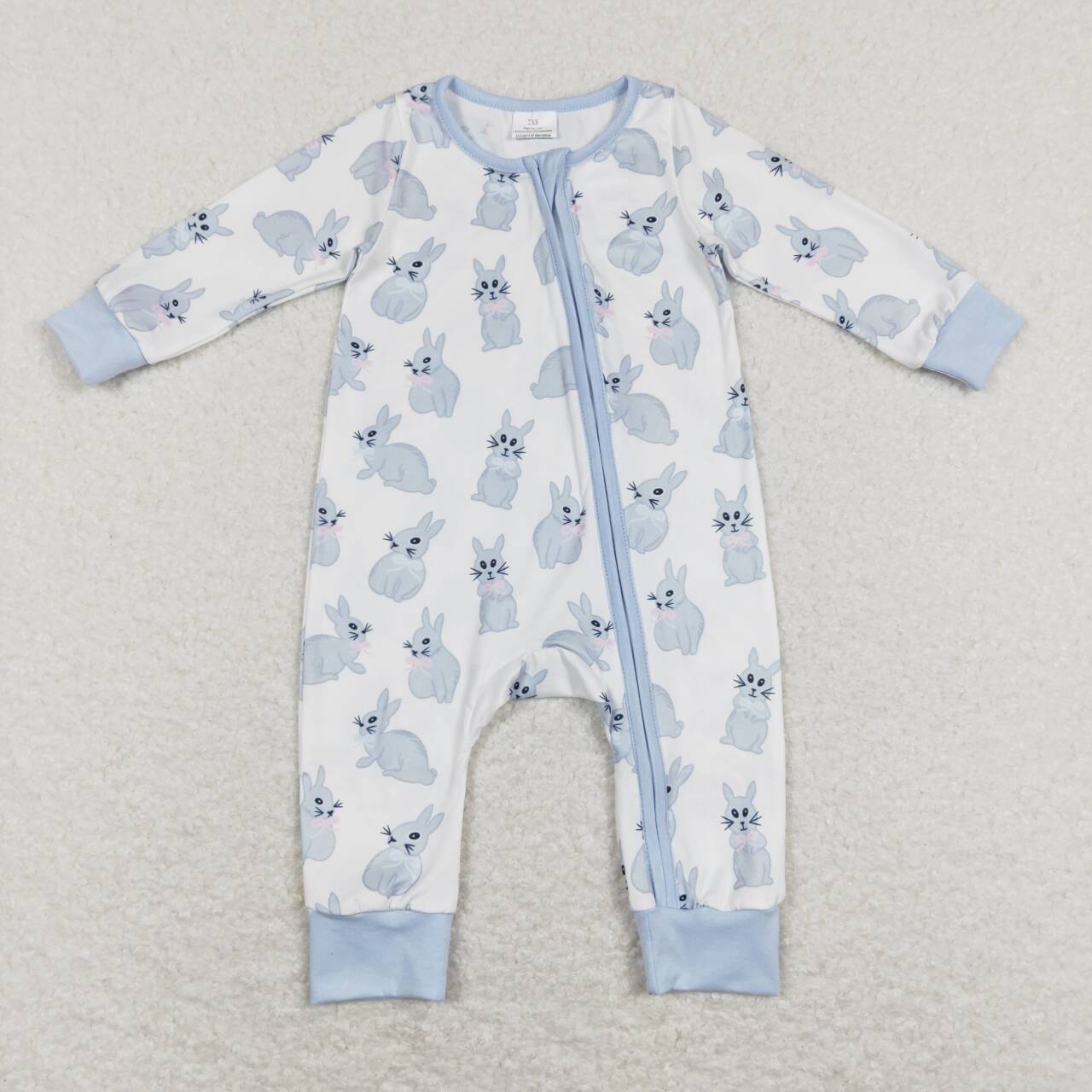 LR0837 Easter Rabbit Blue Zipper Boys Long Sleeve Romper