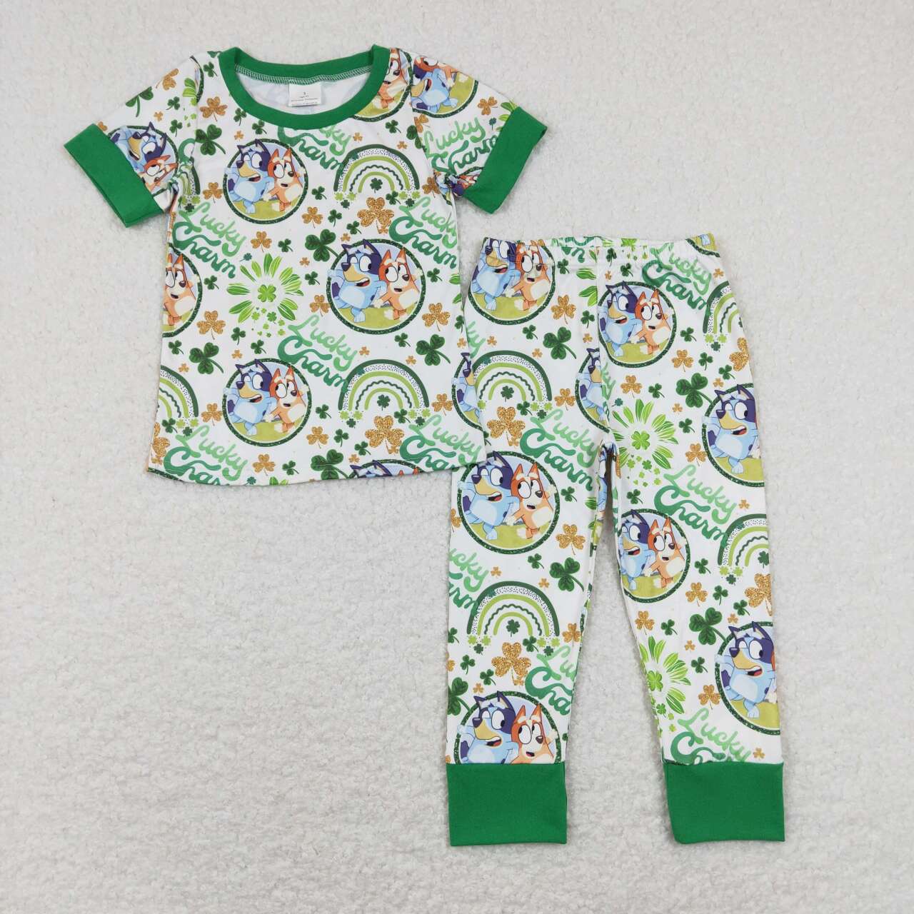 BSPO0251 St. Patrick Green Lucky Clover Blue Dog Cartoon Boys Short Sleeve Bell Bottom Pants Outfits Pajamas