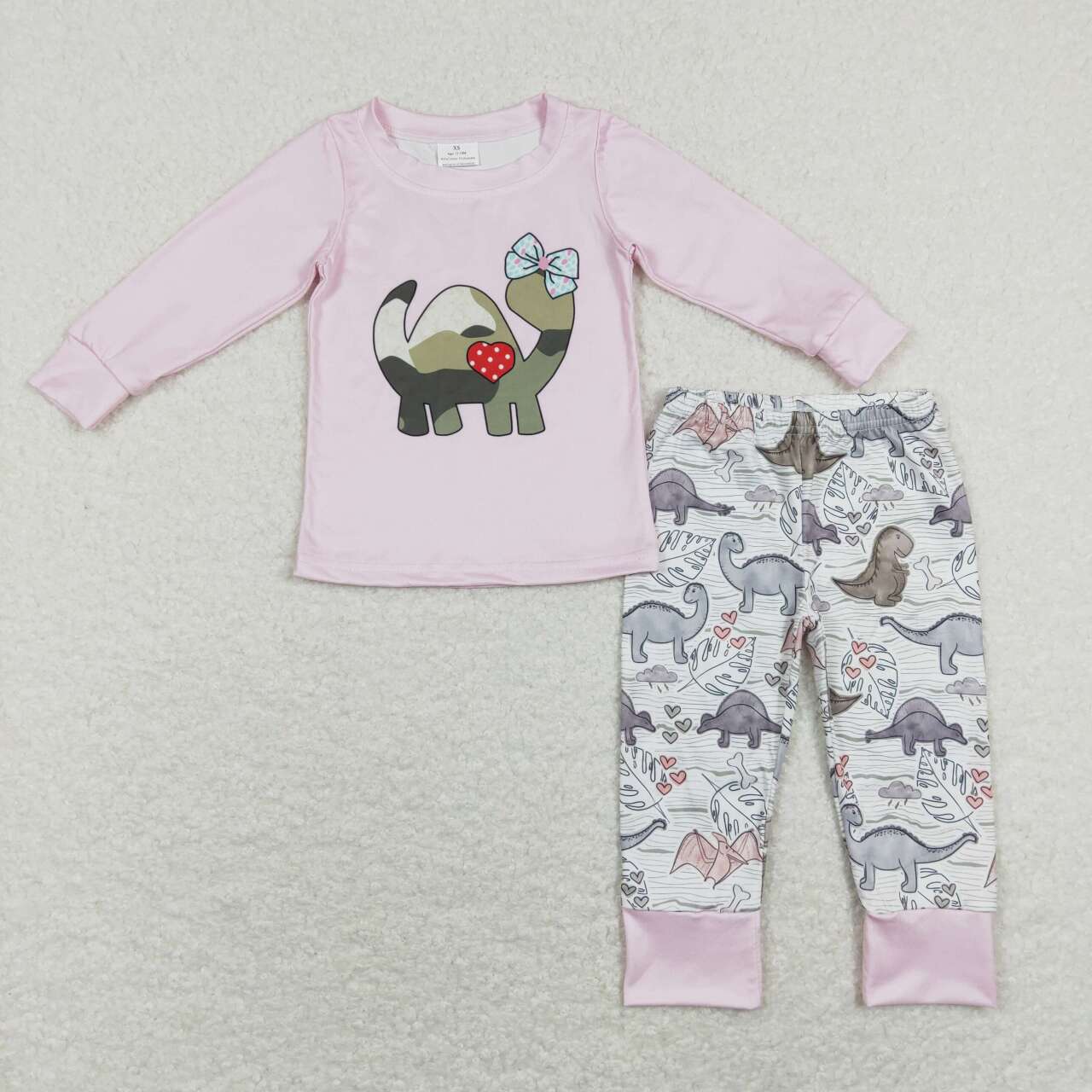 GLP1025 Valentine Pink Love Dinosaur Girls Long Sleeve Pants Outfits Pajamas
