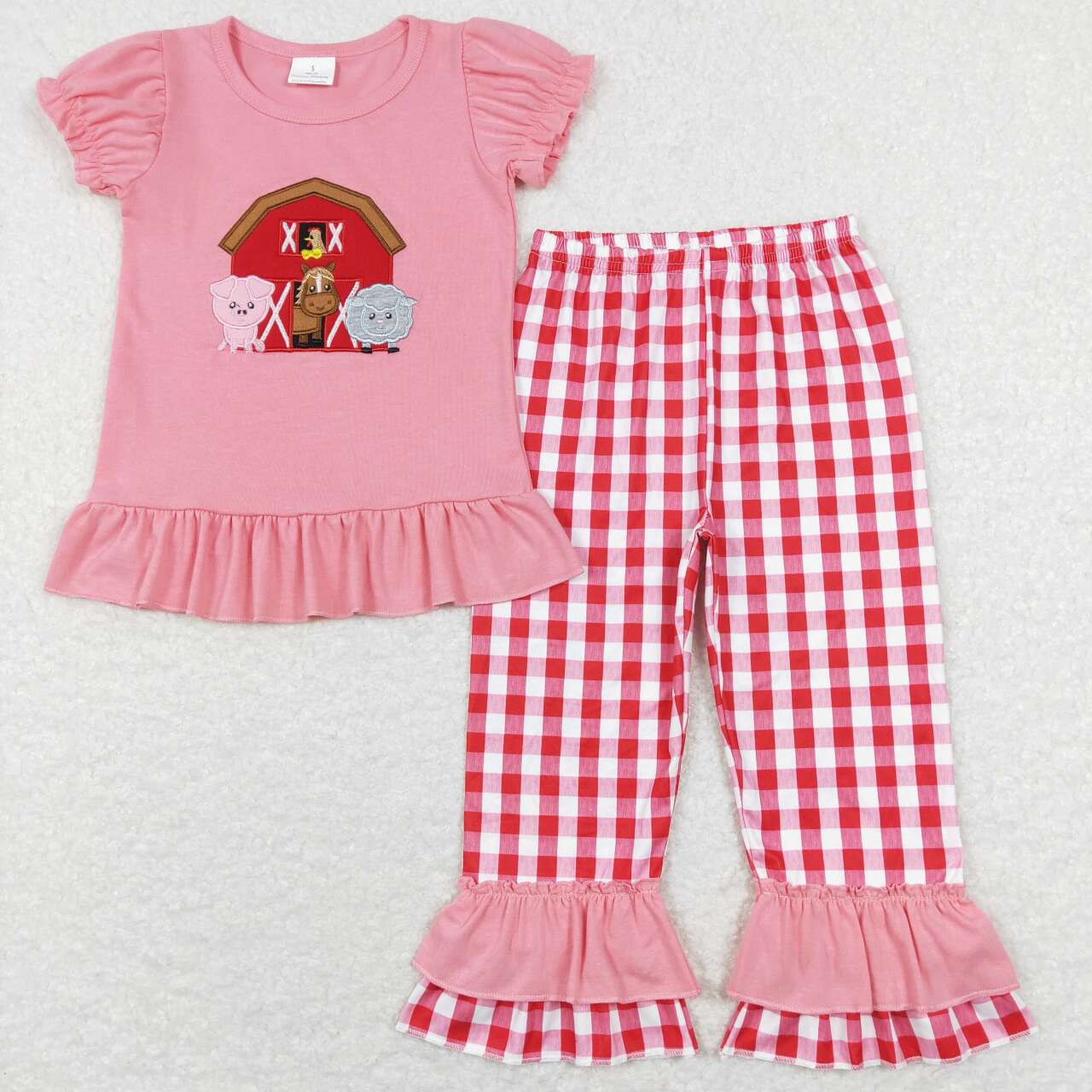 GSPO0994 Valentine Love Red Farm Cow Pig Embroidery Girls Short Sleeve Bell Bottom Pants Outfits