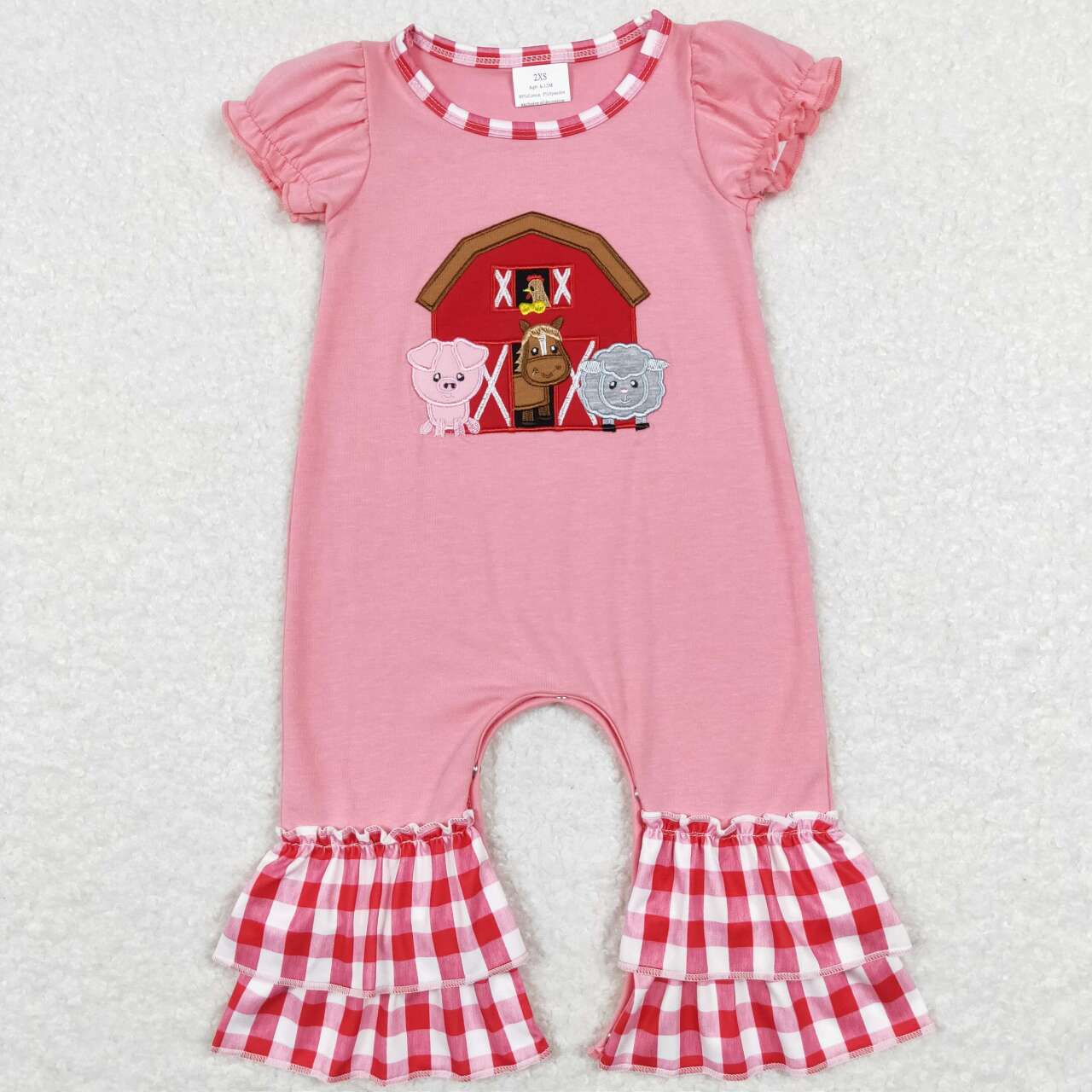 SR0511 Valentine Love Red Farm Cow Pig Embroidery Girls Short Sleeve Romper