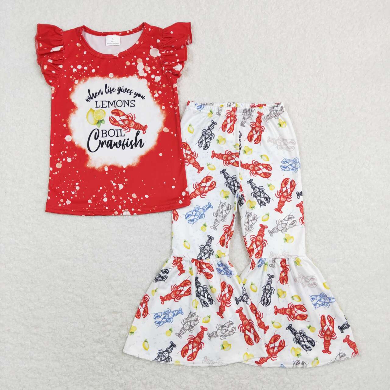 GSPO1170 Red Crawfish Yellow Lemon Girls Short Sleeve Bell Bottom Pants Outfits