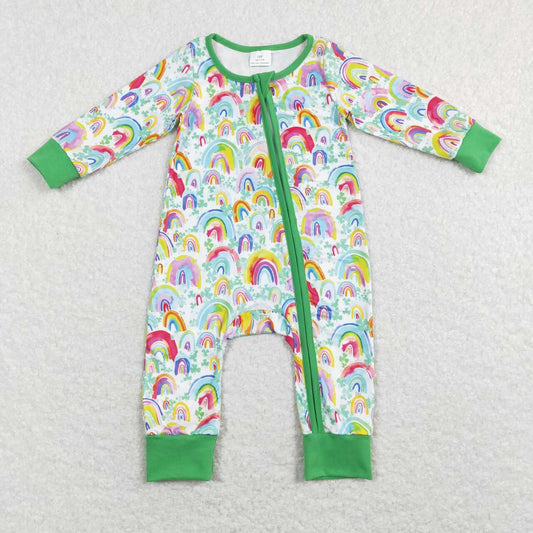 LR0883 St. Patrick Green Pink Lucky Clover Rainbow Zipper Girls Long Sleeve Romper