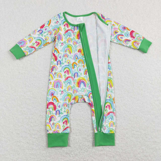 LR0883 St. Patrick Green Pink Lucky Clover Rainbow Zipper Girls Long Sleeve Romper