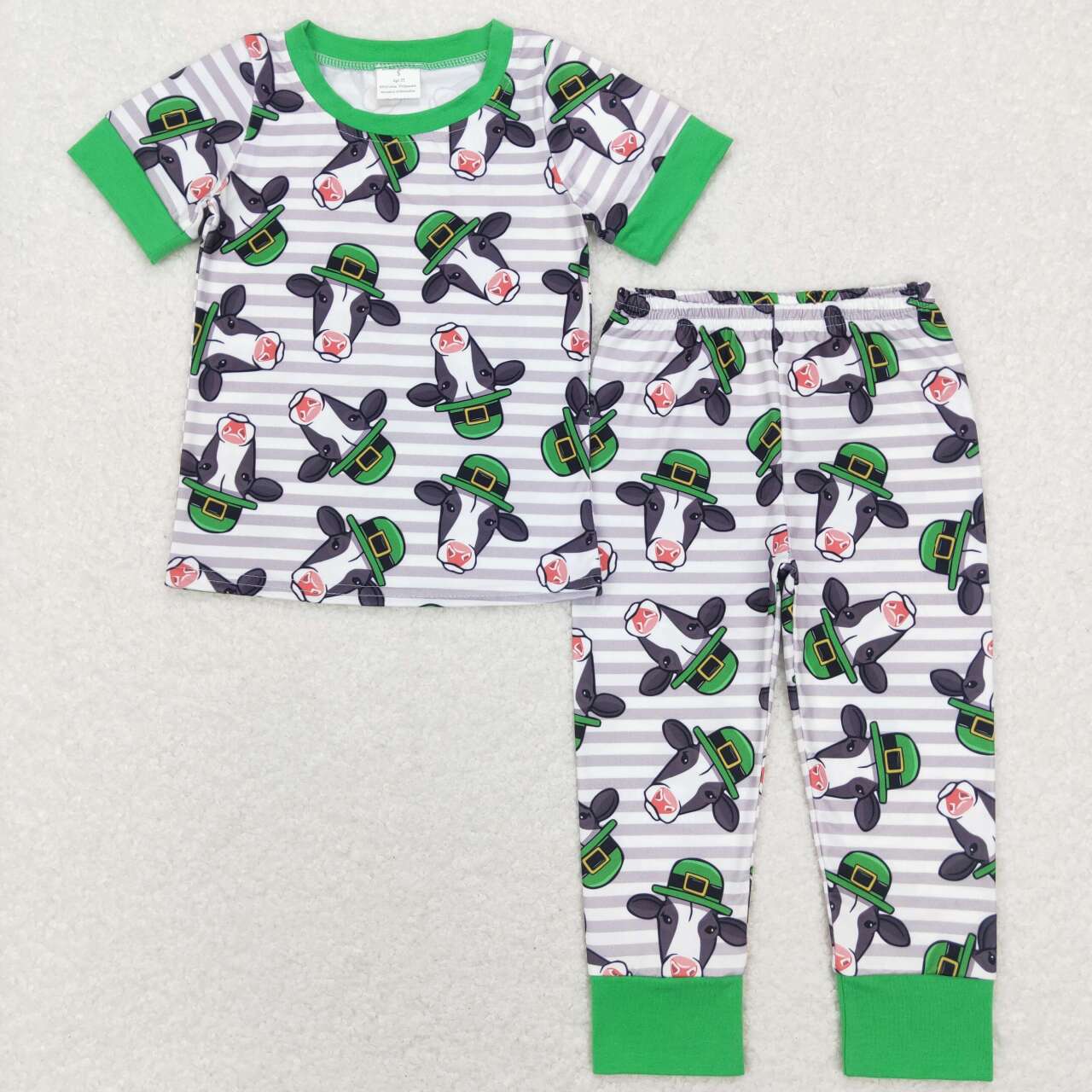 BSPO0279 St. Patrick Green Pink Lucky Clover Cow Boys Short Sleeve Bell Bottom Pants Outfits Pajamas