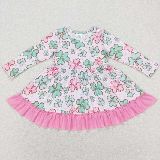 GLD0503 St. Patrick Green Pink Lucky Clover Girls Long Sleeve Dresses