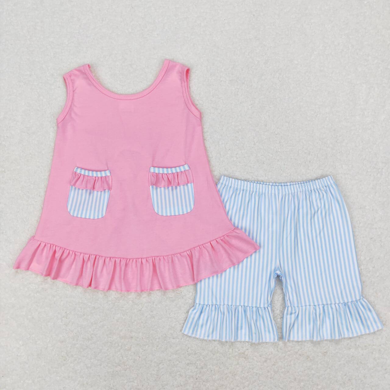 GSSO0438 Pink Blue Pockets Bow Girls Flutter Sleeve Shorts Outfits
