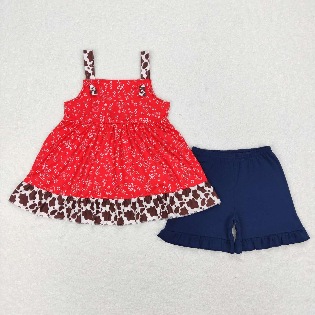GSSO0464 Blue Red Cow Print Girls Short Sleeve Shorts Outfits