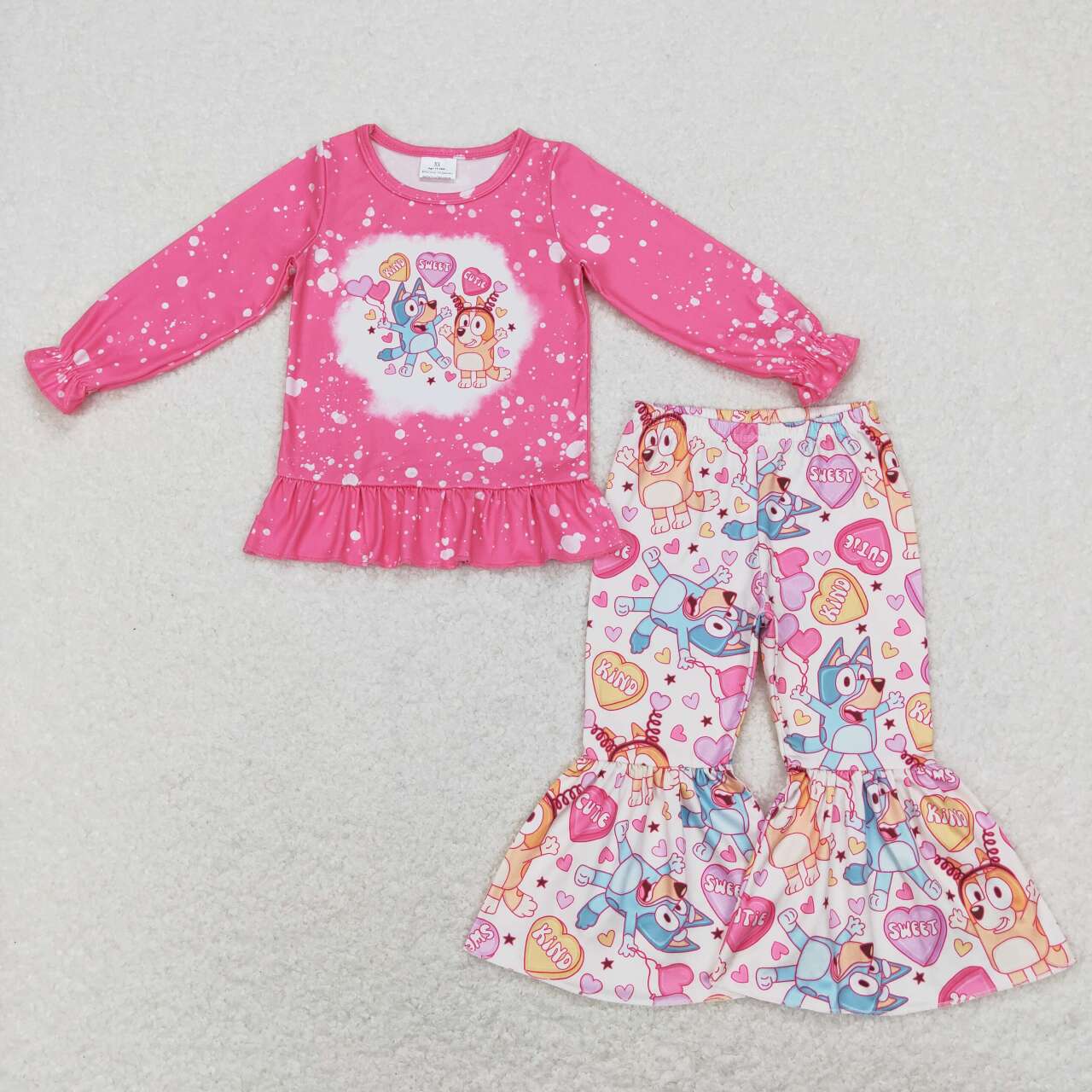 GLP1123 Valentine Love Pink Blue Dog Cartoon Girls Long Sleeve Bell Bottom Pants Outfits