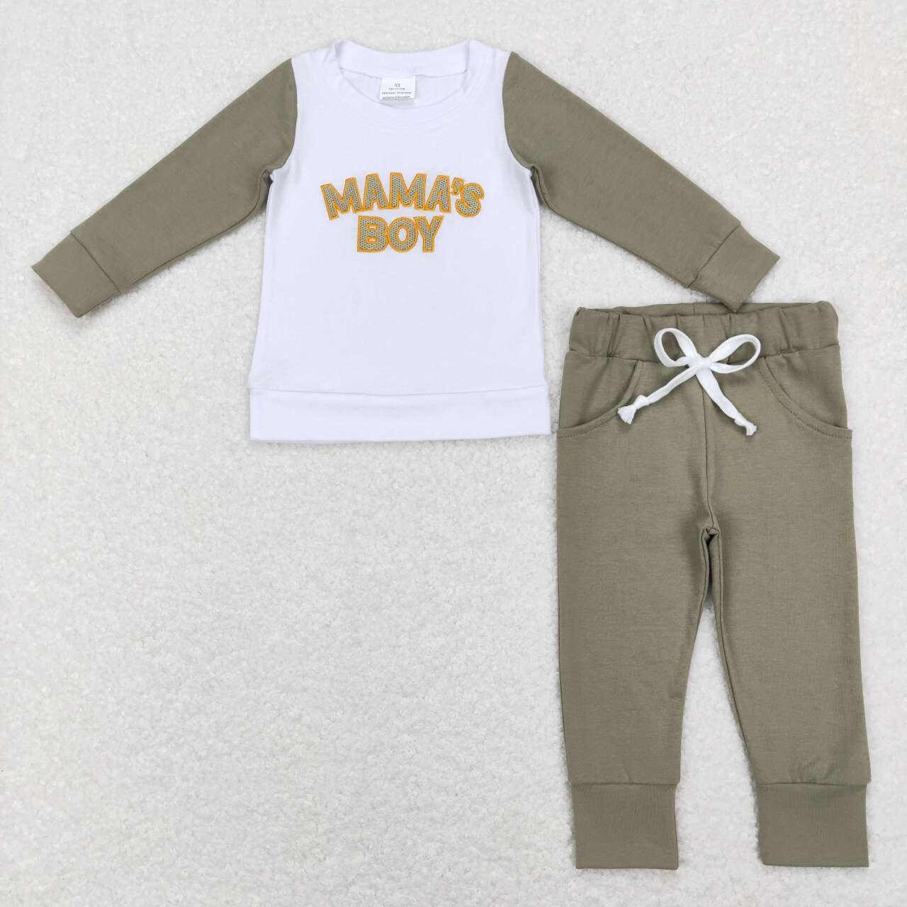 BLP0435 Green Mama's Boy Embroidery Boys Long Sleeve Pants Outfits Pajamas