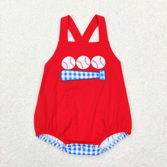 SR0687 Red Blue Softball Embroidery Girls Short Sleeve Romper