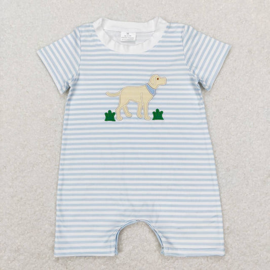 SR0526 Blue Dog Embroidery Girls Short Sleeve Romper
