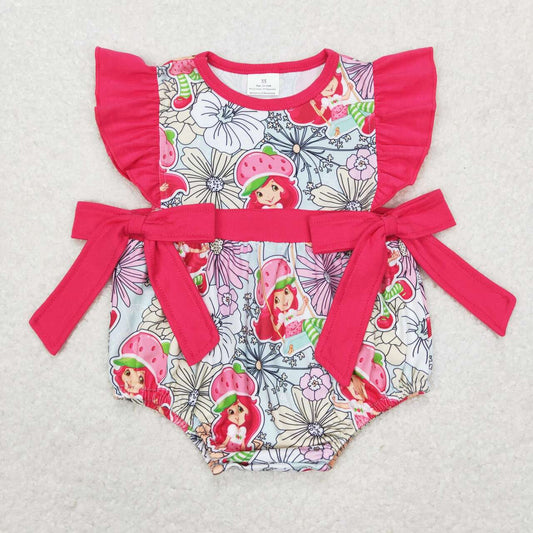 SR0726 Pink Cartoon Strawberry Bow Girls Short Sleeve Romper