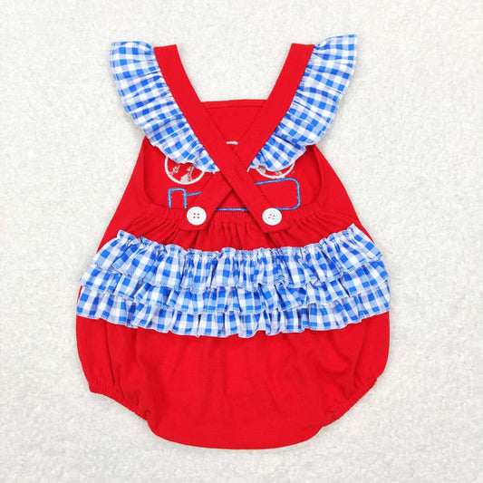 SR0686 Red Blue Softball Embroidery Girls Short Sleeve Romper