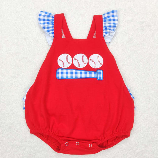 SR0686 Red Blue Softball Embroidery Girls Short Sleeve Romper