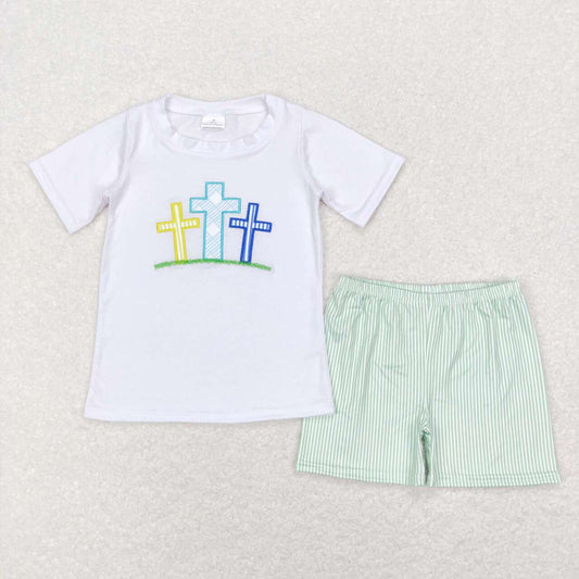 BSSO0337 Easter Blue Cross Embroidery Boys Short Sleeve Shorts Outfits