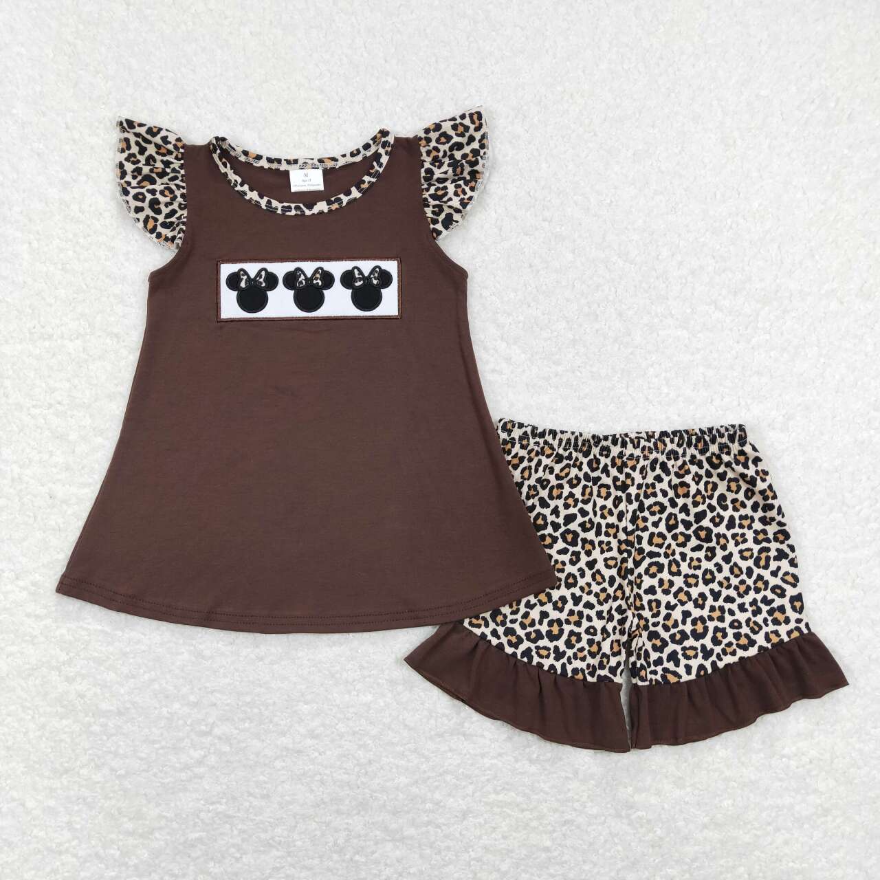 GSSO0424 Brown Leopard M Cartoon Embroidery Girls Short Sleeve Shorts Outfits