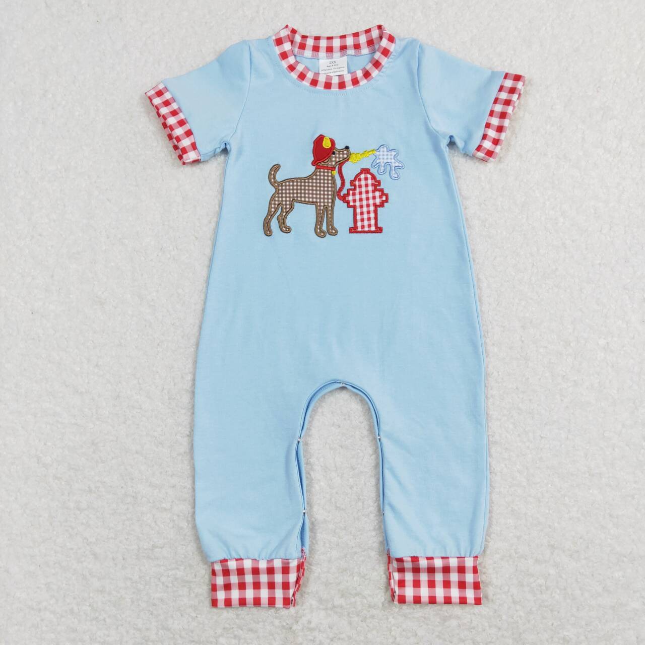 SR0664 Dog Blue Red Fireman Embroidery Girls Short Sleeve Romper