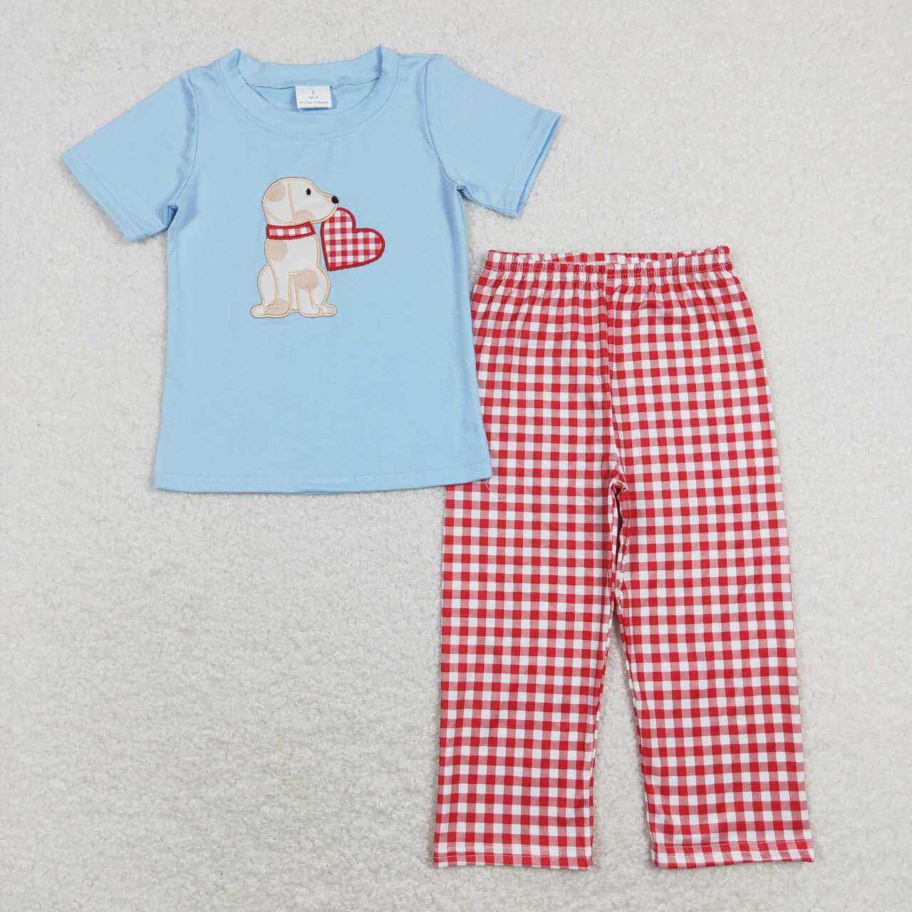 BSPO0269 Valentine Love Red Blue Dog Embroidery Girls Short Sleeve Bell Bottom Pants Outfits