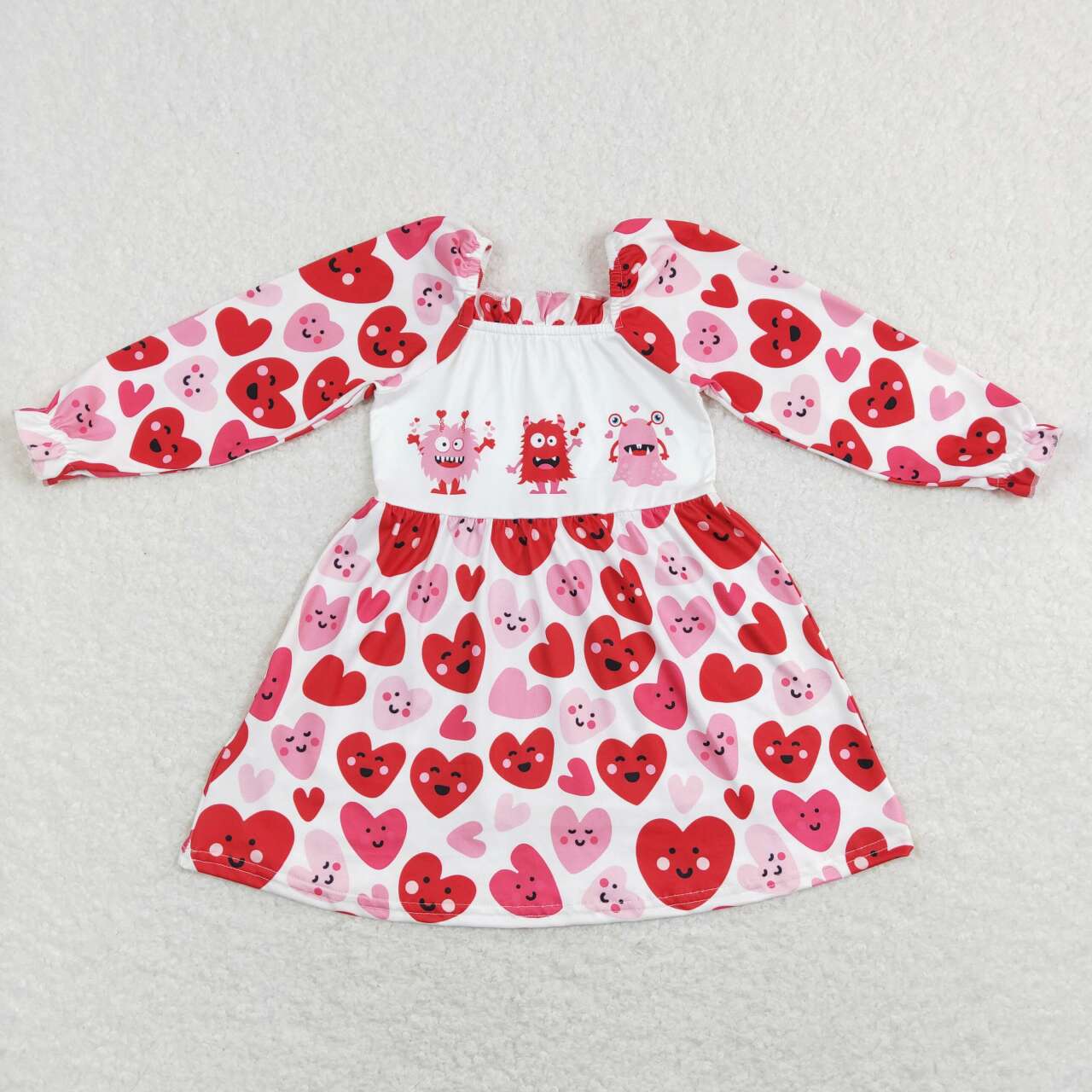 GLD0498 Valentine Red Pink Love Monster Cartoon Girls Long Sleeve Dresses