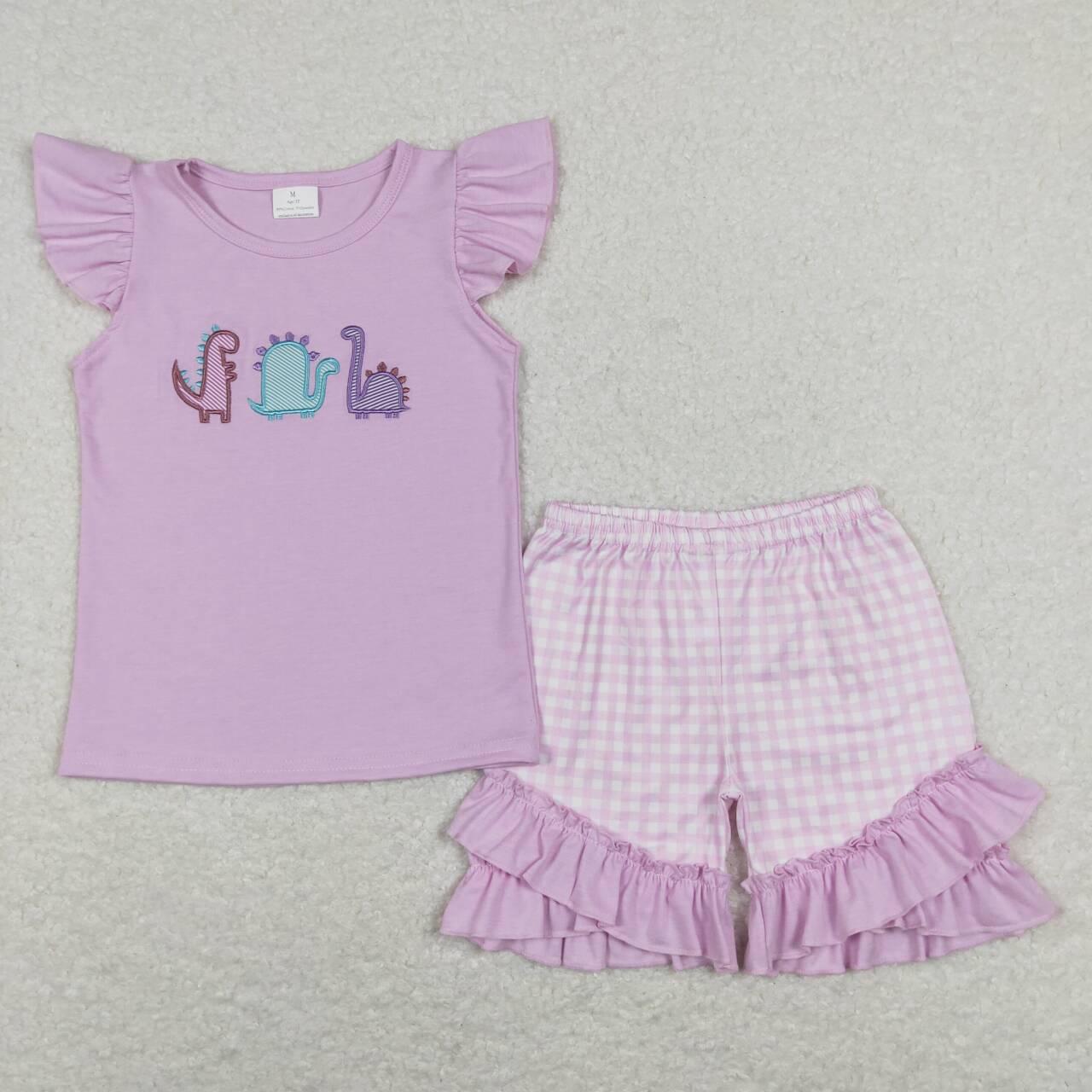 GSSO0411 Purple Dinosaur Embroidery Girls Short Sleeve Shorts Outfits
