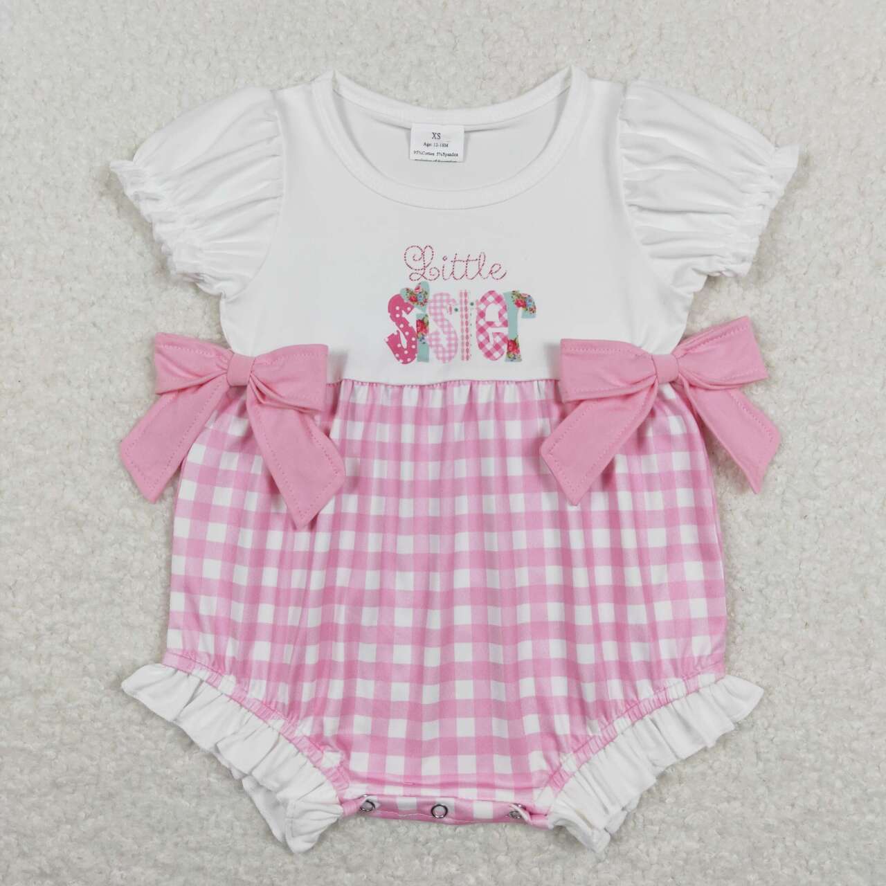 SR0588 Pink Little Sister Floral Bow Girls Short Sleeve Romper