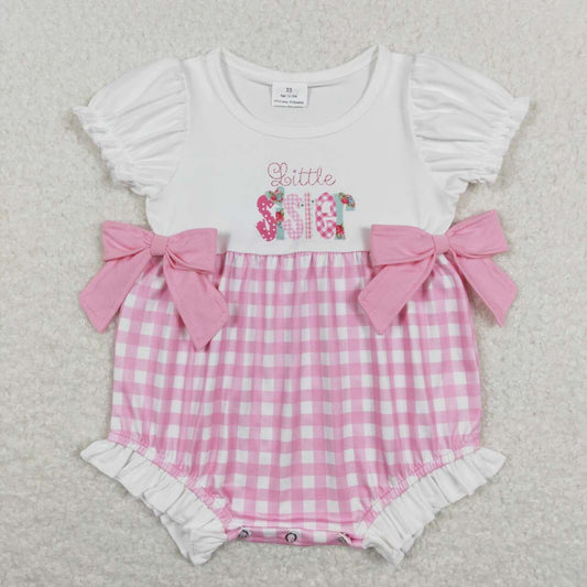 SR0588 Pink Little Sister Floral Bow Girls Short Sleeve Romper