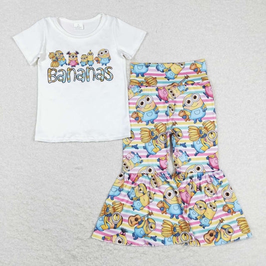 GSPO1188 Yellow Bananas Cartoon Girls Short Sleeve Bell Bottom Pants Outfits