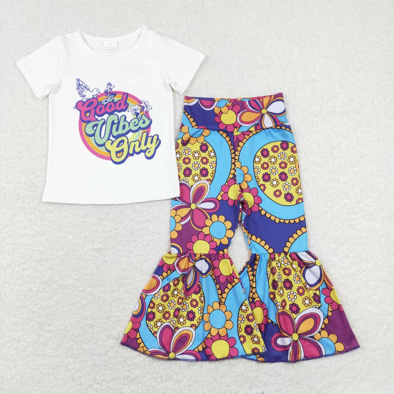 GSPO1240 Good Vibes Only Blue Floral Girls Short Sleeve Bell Bottom Pants Outfits