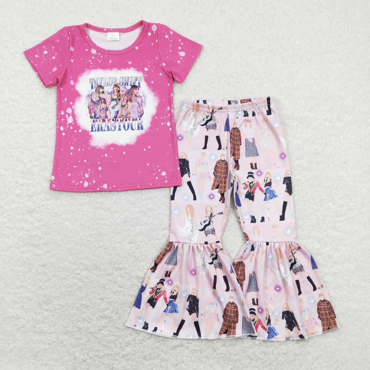 GSPO1244 Pink Taylor Singer Eras Tour Girls Short Sleeve Bell Bottom Pants Outfits