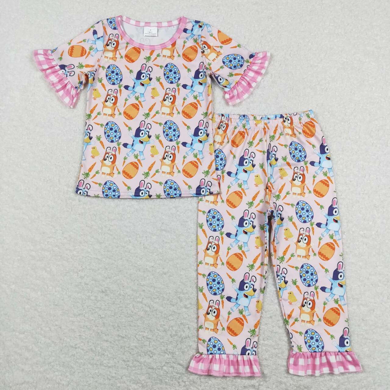 GSPO1253 Easter Pink Blue Rabbit Girls Short Sleeve Bell Bottom Pants Outfits Pajamas
