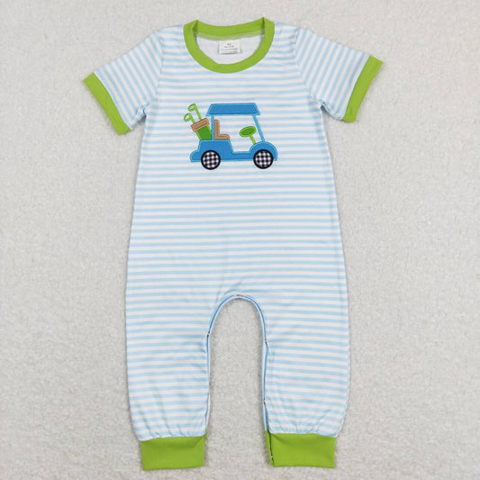 SR0700 Blue Green Golf Embroidery Girls Short Sleeve Romper