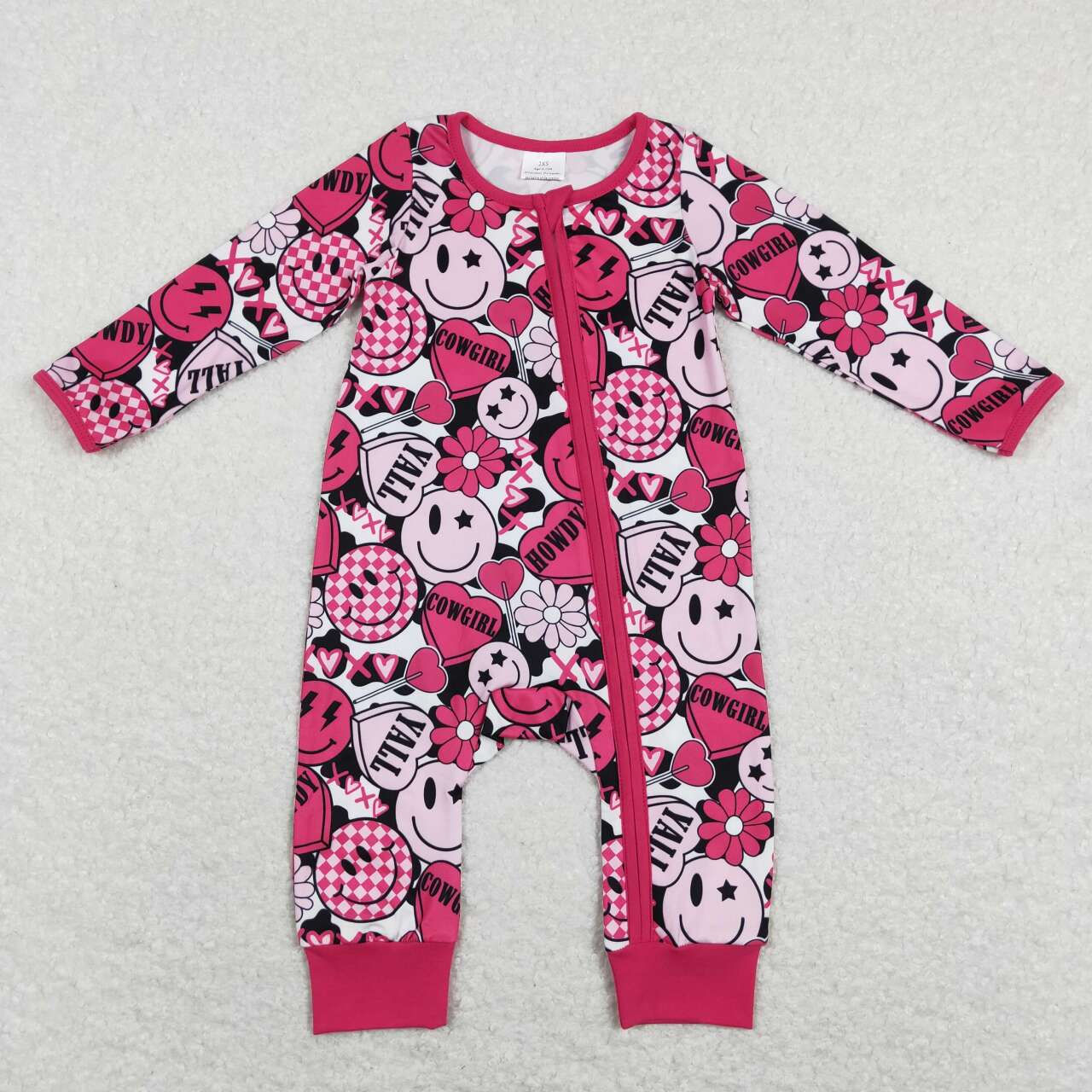 LR0896 Valentine Howdy Cowgirl Smile Love Pink Zipper Girls Long Sleeve Romper