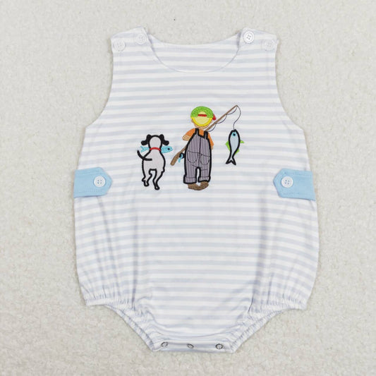 SR0644 Blue Fish Embroidery Girls Short Sleeve Romper