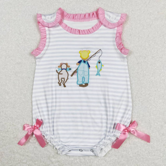 SR0643 Pink Fish Embroidery Girls Short Sleeve Romper