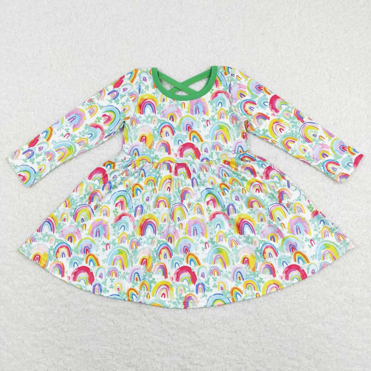 GLD0495 St. Patrick Green Pink Lucky Clover Rainbow Girls Long Sleeve Dresses