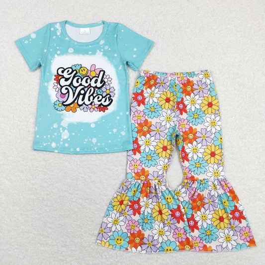 GSPO1239 Good Vibes Only Blue Floral Girls Short Sleeve Bell Bottom Pants Outfits