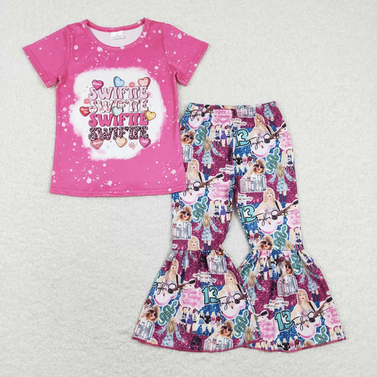 GSPO1211 Pink Taylor Singer Eras Tour Girls Short Sleeve Bell Bottom Pants Outfits