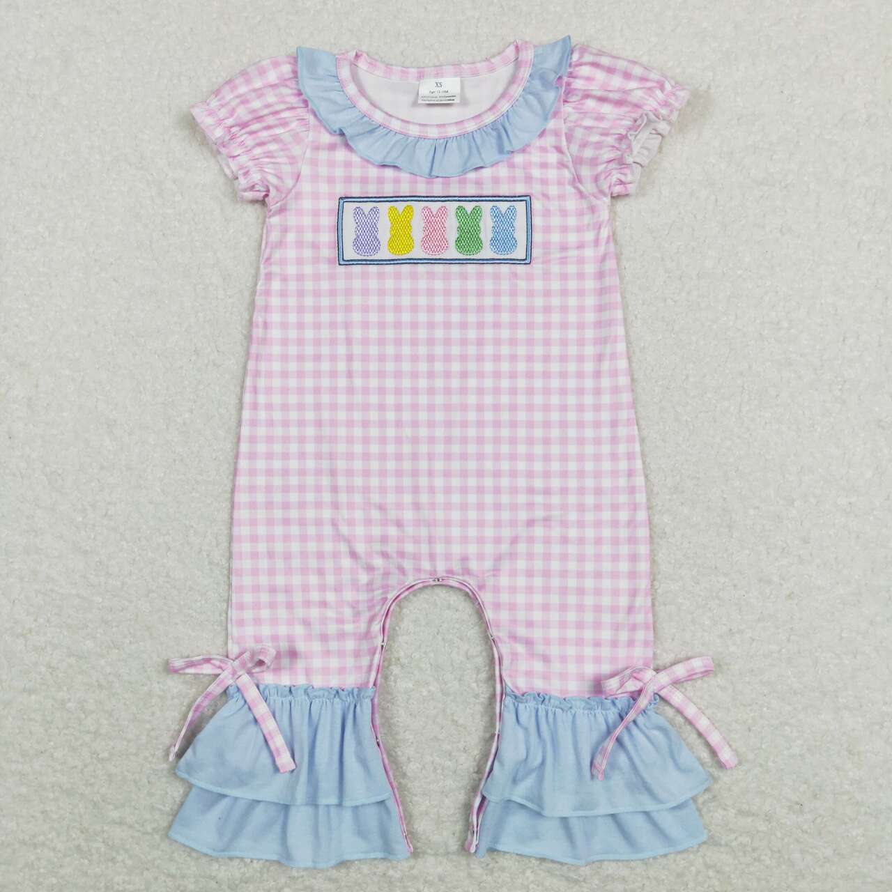 SR0689 Easter Rabbit Purple Embroidery Girls Short Sleeve Romper