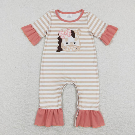 SR0674 Pink Cow Embroidery Girls Short Sleeve Romper