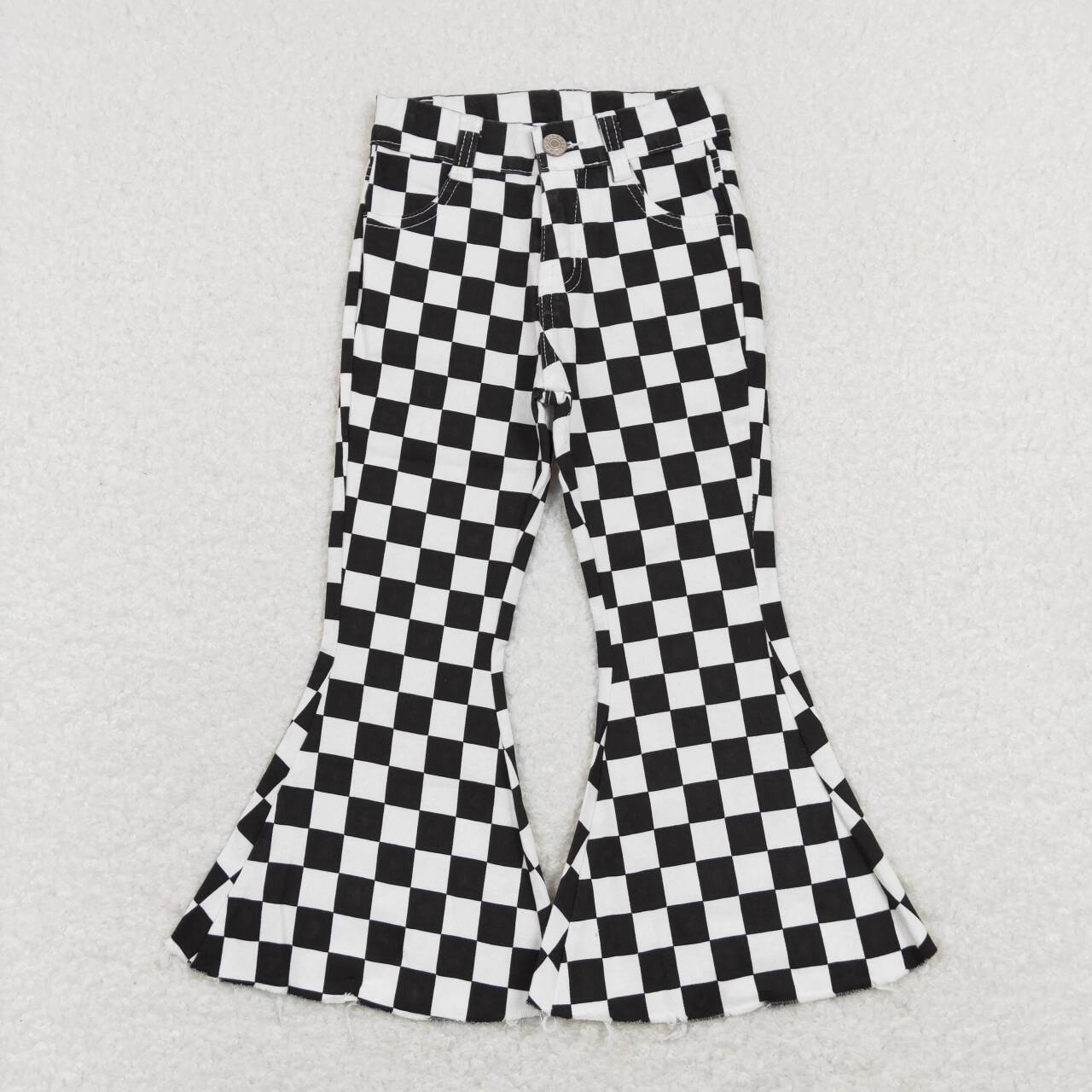 P0349 Black Plaid Girls Bell Pants Denim Jeans