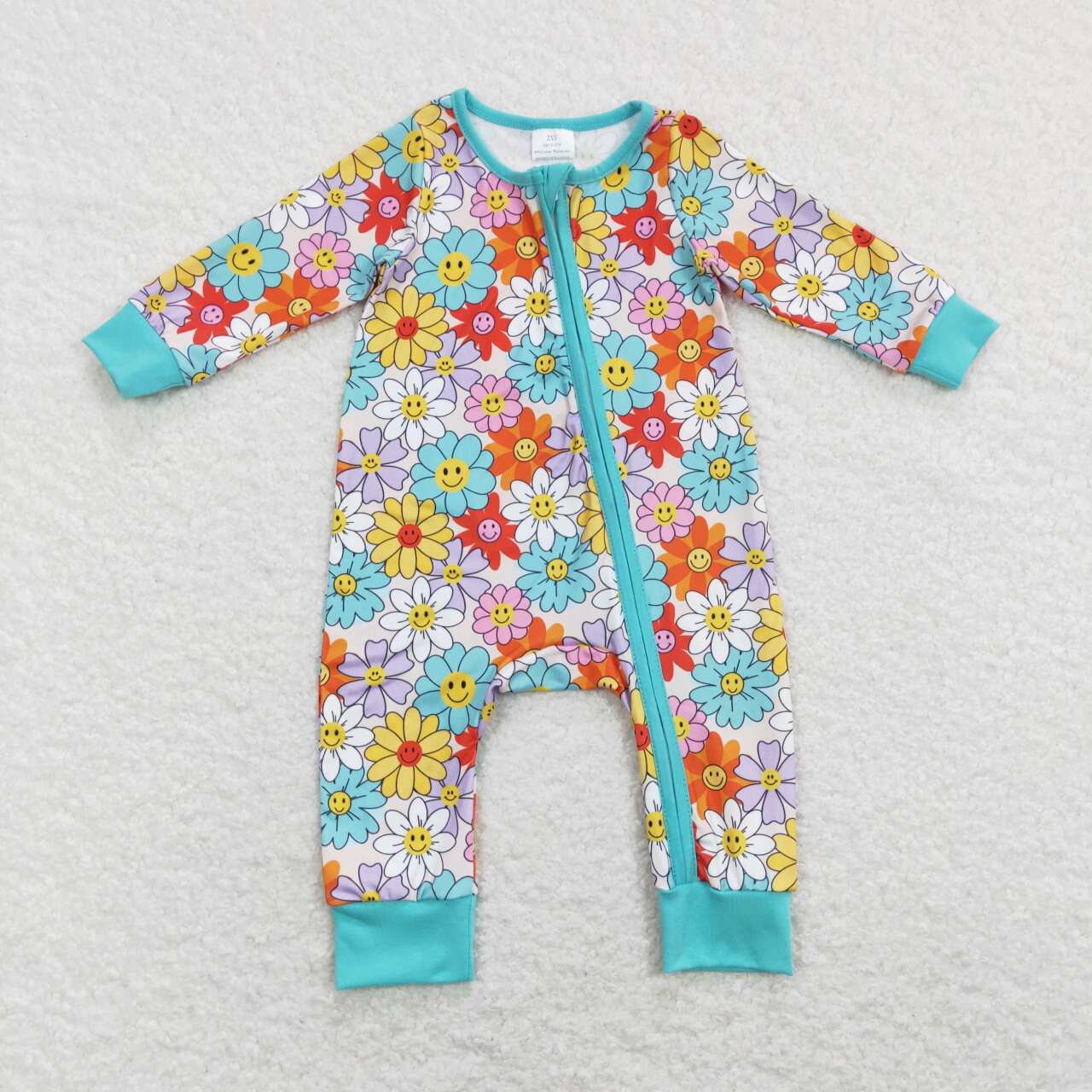 LR0899 Blue Floral Zipper Girls Long Sleeve Romper