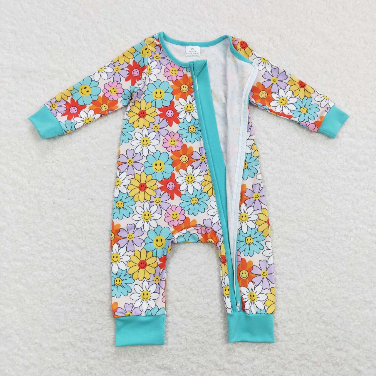 LR0899 Blue Floral Zipper Girls Long Sleeve Romper