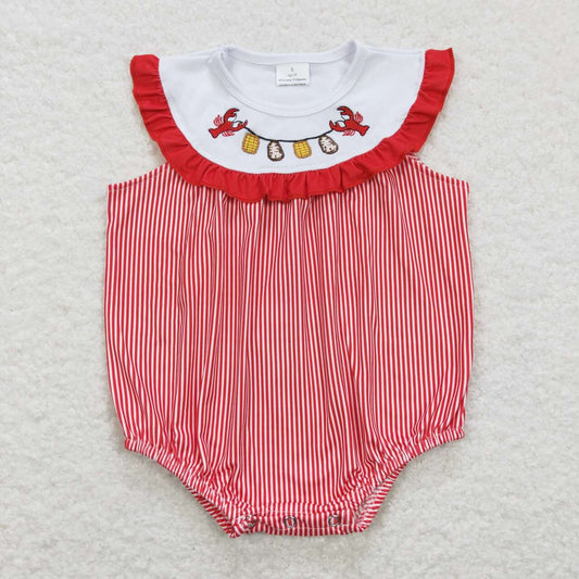 SR0741 Red Crayfish Embroidery Girls Short Sleeve Romper