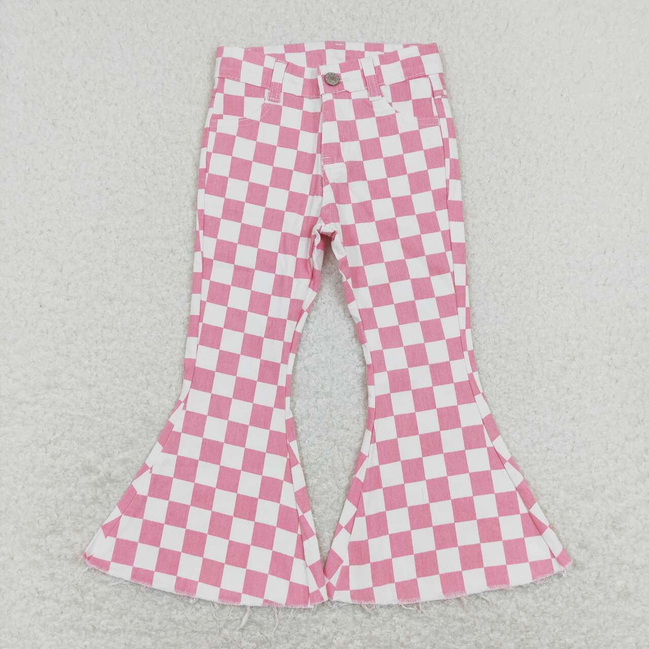 P0348 Pink Plaid Girls Bell Pants Denim Jeans