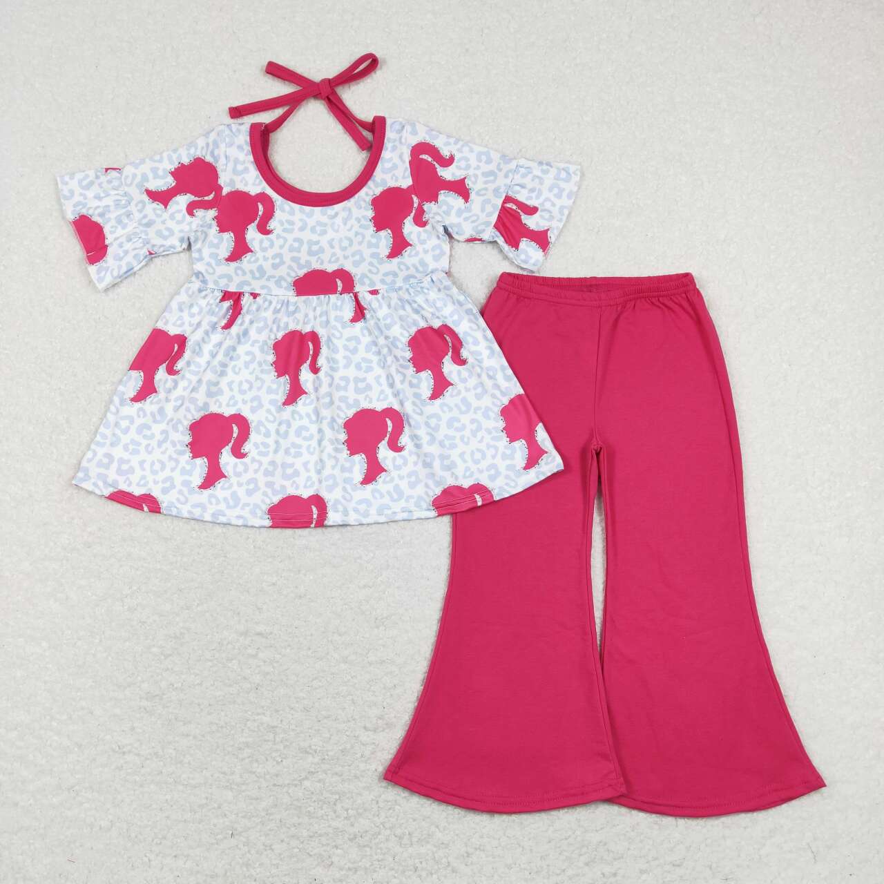 GSPO1187 Pink B Cartoon Girls Short Sleeve Bell Bottom Pants Outfits