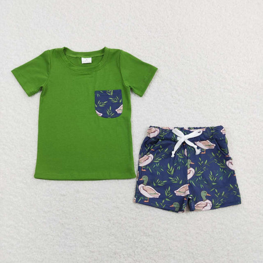 BSSO0480 Blue Green Duck Pocket Boys Short Sleeve Shorts Outfits