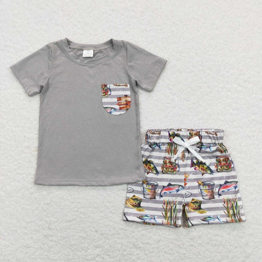 BSSO0481 Fish Grey Pocket Boys Short Sleeve Shorts Outfits