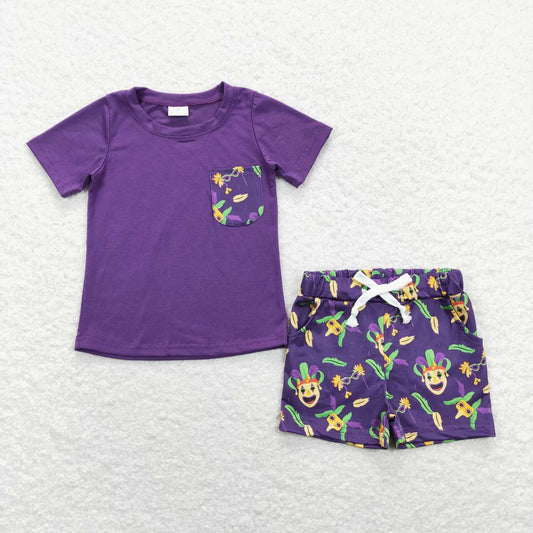 BSSO0467 Purple Mard Gras Pocket Boys Short Sleeve Shorts Outfits
